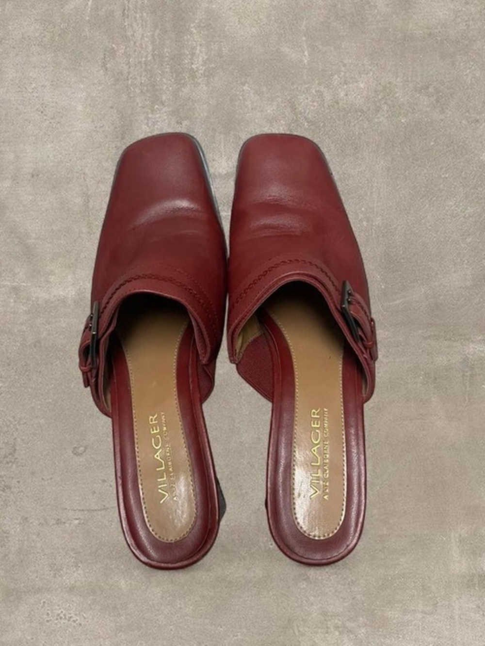 Villager Red Leather Mule Heels Womens Size 8M Square Toe Slip On Clogs